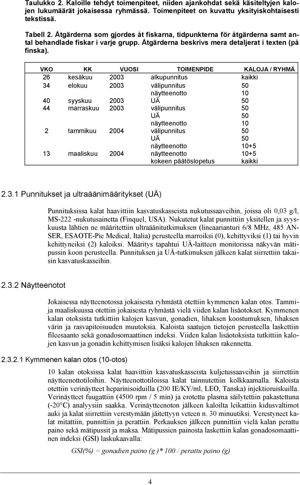 VKO KK VUOSI TOIMENPIDE KALOJA / RYHMÄ 26 kesäkuu 2003 alkupunnitus kaikki 34 40 elokuu syyskuu 2003 2003 välipunnitus näytteenotto UÄ 50 10 50 44 marraskuu 2003 välipunnitus UÄ näytteenotto 2