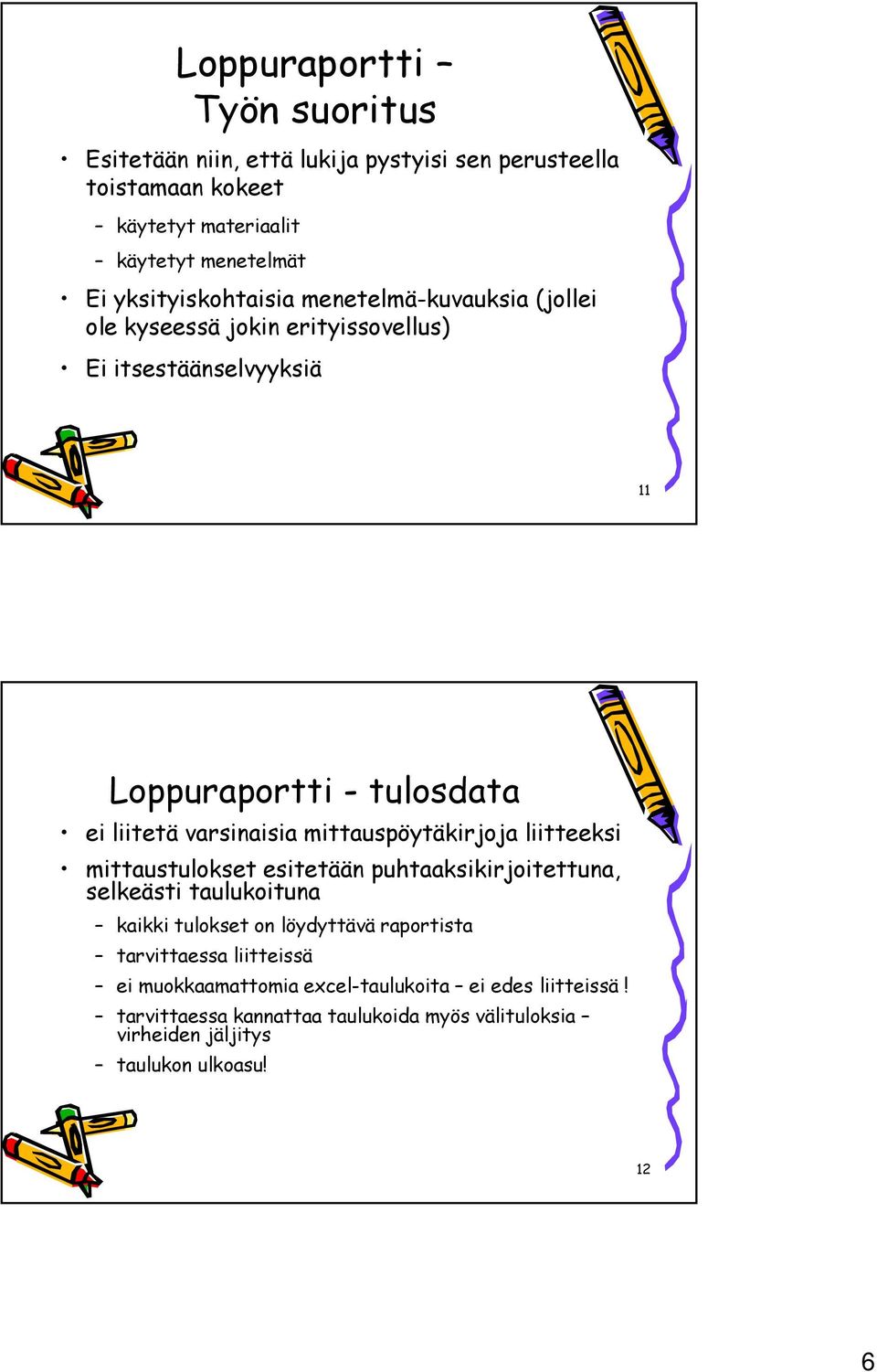 varsinaisia mittauspöytäkirjoja liitteeksi mittaustulokset esitetään puhtaaksikirjoitettuna, selkeästi taulukoituna kaikki tulokset on löydyttävä