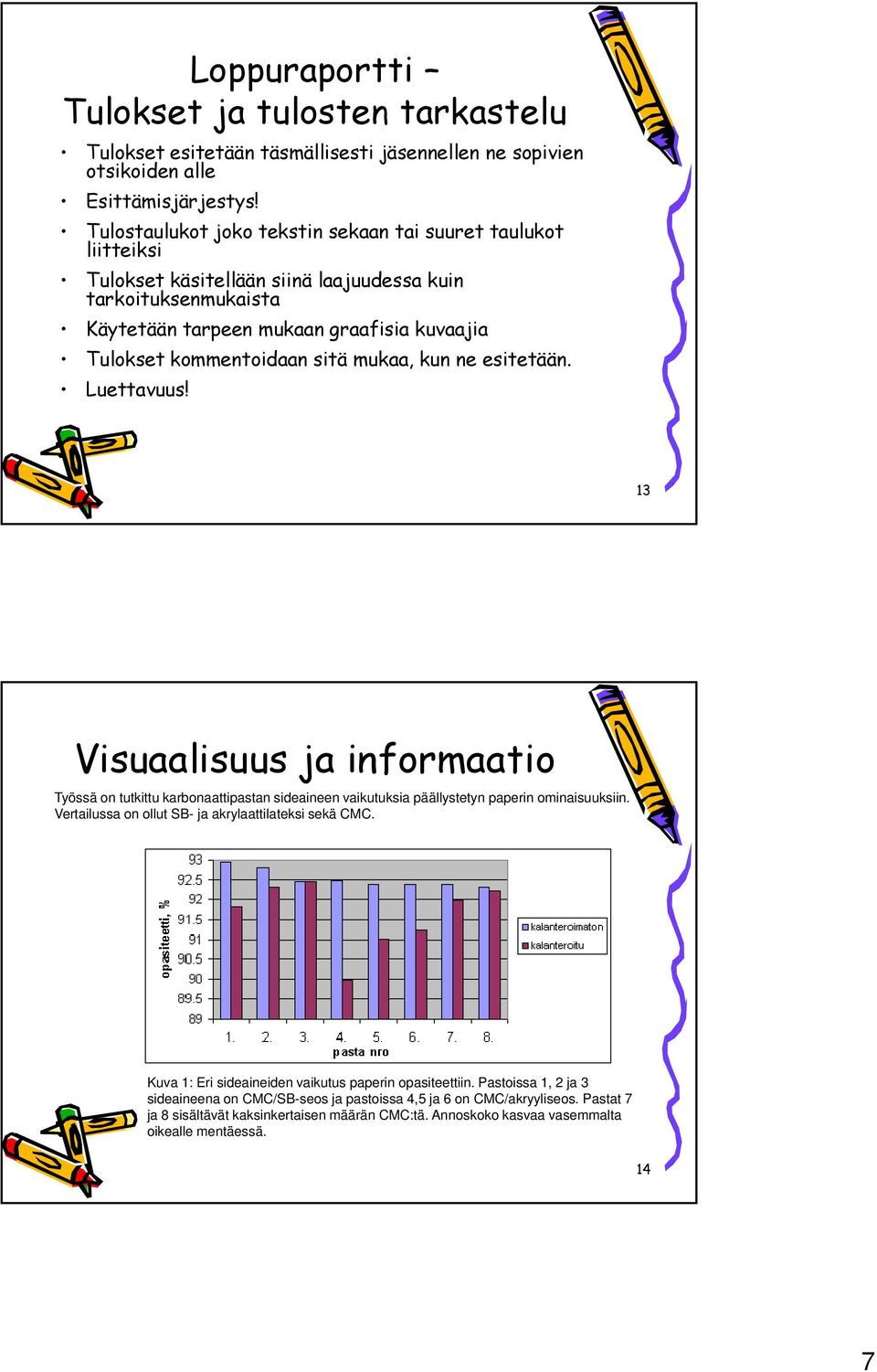 sitä mukaa, kun ne esitetään. Luettavuus! 13 Visuaalisuus ja informaatio Työssä on tutkittu karbonaattipastan sideaineen vaikutuksia päällystetyn paperin ominaisuuksiin.