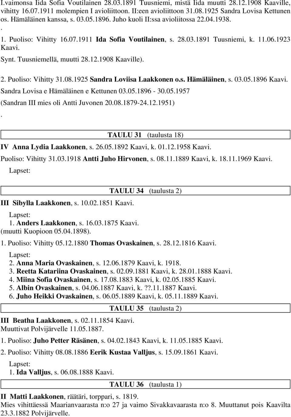 Tuusniemellä, muutti 28.12.1908 Kaaville). 2. Puoliso: Vihitty 31.08.1925 Sandra Loviisa Laakkonen o.s. Hämäläinen, s. 03.05.1896 Sandra Lovisa e Hämäläinen e Kettunen 03.05.1896-30.05.1957 (Sandran III mies oli Antti Juvonen 20.