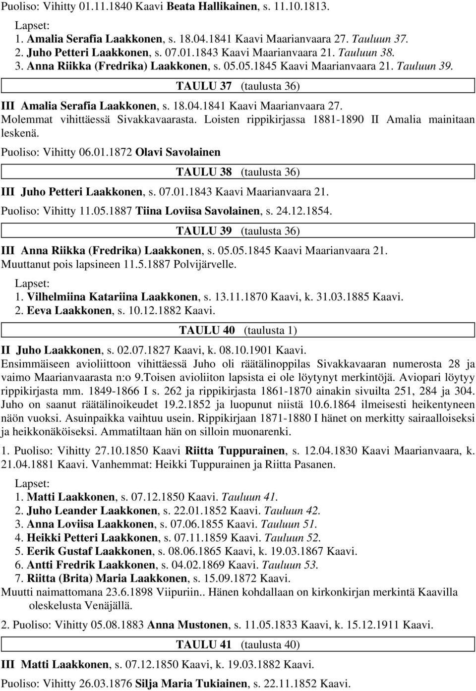 Molemmat vihittäessä Sivakkavaarasta. Loisten rippikirjassa 1881-1890 II Amalia mainitaan leskenä. Puoliso: Vihitty 06.01.1872 Olavi Savolainen TAULU 38 (taulusta 36) III Juho Petteri Laakkonen, s.