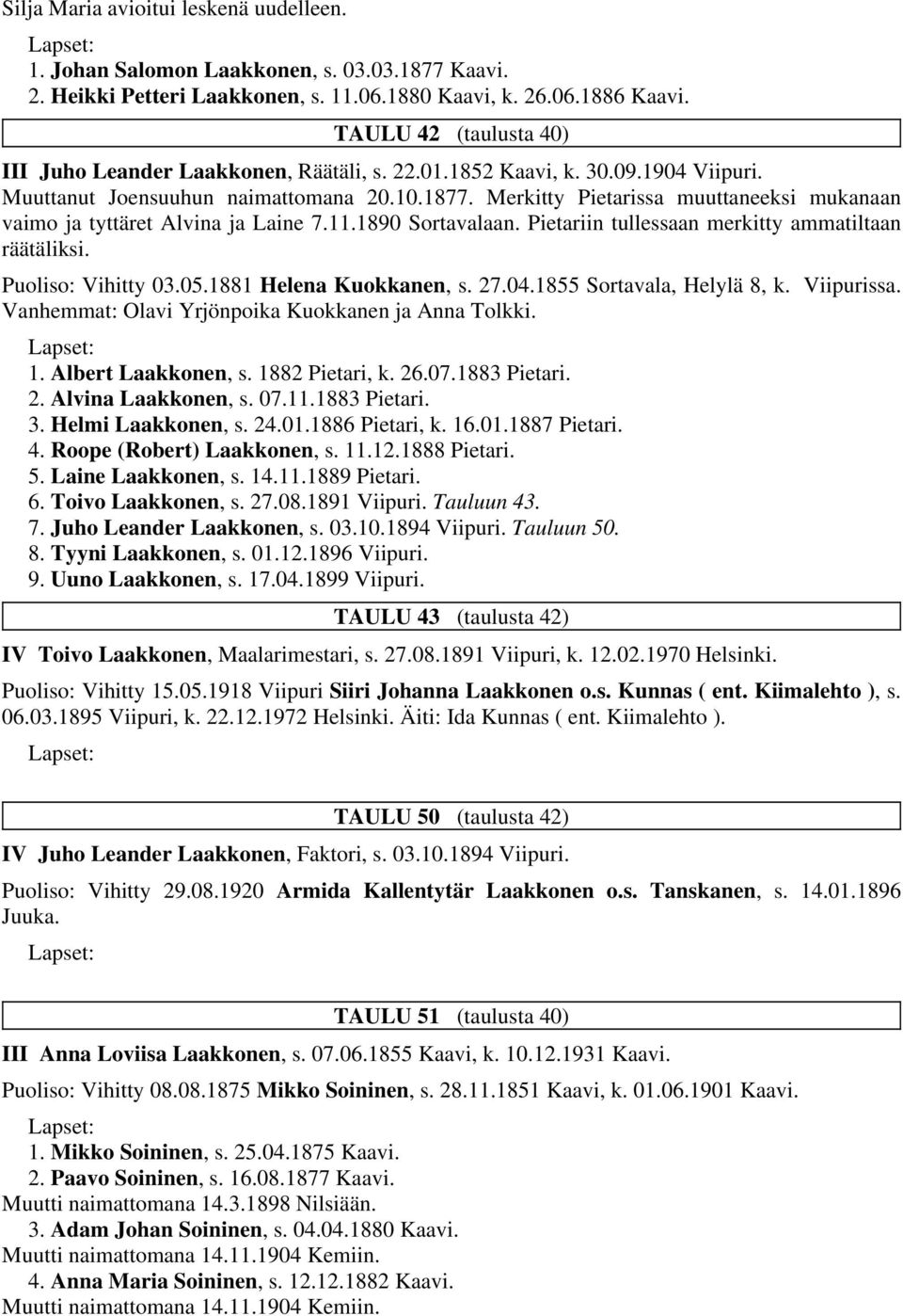 Pietariin tullessaan merkitty ammatiltaan räätäliksi. Puoliso: Vihitty 03.05.1881 Helena Kuokkanen, s. 27.04.1855 Sortavala, Helylä 8, k. Viipurissa.