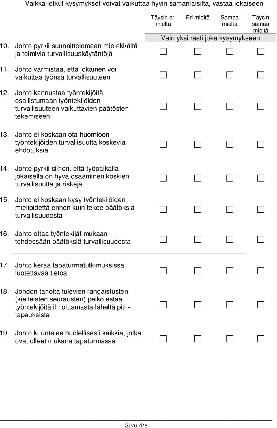 Johto ei koskaan ota huomioon työntekijöiden turvallisuutta koskevia ehdotuksia 14. Johto pyrkii siihen, että työpaikalla jokaisella on hyvä osaaminen koskien turvallisuutta ja riskejä 15.