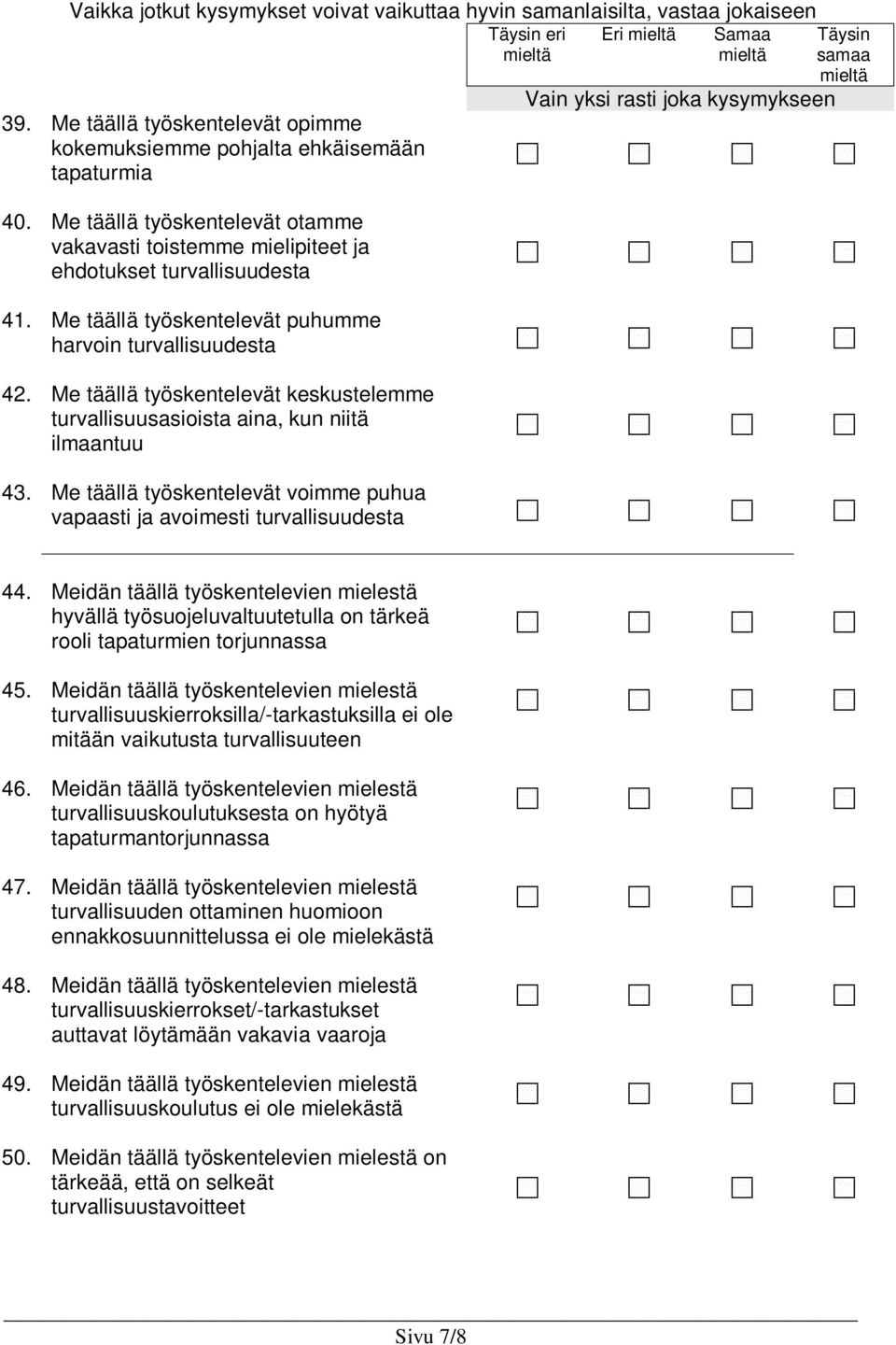 Me täällä työskentelevät keskustelemme turvallisuusasioista aina, kun niitä ilmaantuu 43. Me täällä työskentelevät voimme puhua vapaasti ja avoimesti turvallisuudesta 44.