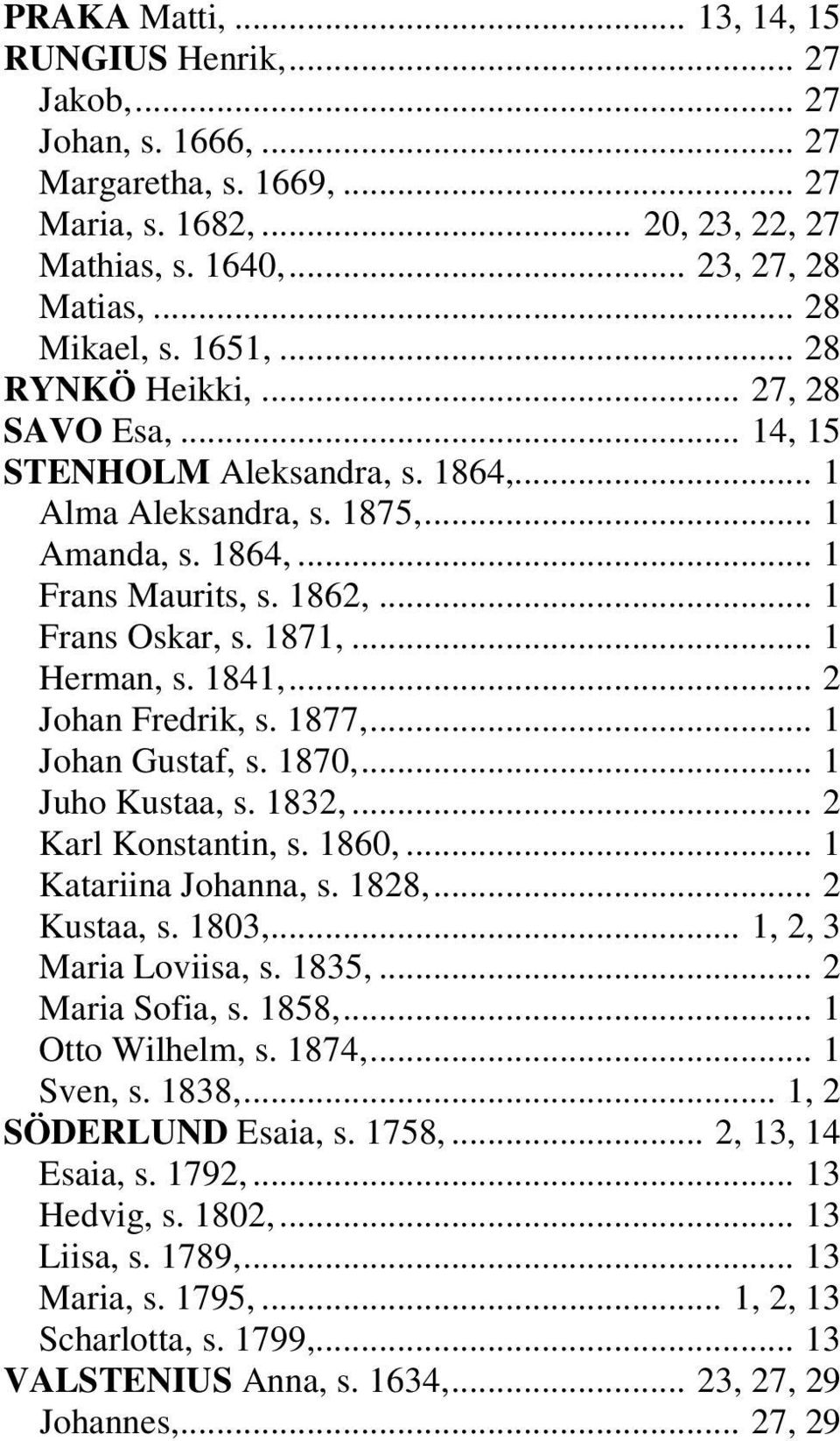 .. 1 Herman, s. 1841,... 2 Johan Fredrik, s. 1877,... 1 Johan Gustaf, s. 1870,... 1 Juho Kustaa, s. 1832,... 2 Karl Konstantin, s. 1860,... 1 Katariina Johanna, s. 1828,... 2 Kustaa, s. 1803,.