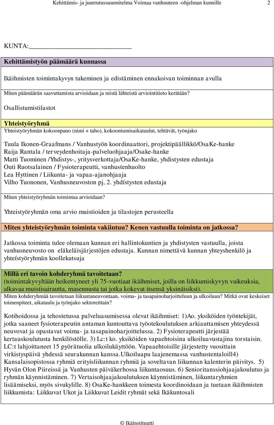 Osallistumistilastot Yhteistyöryhmä Yhteistyöryhmän kokoonpano (nimi + taho), kokoontumisaikataulut, tehtävät, työnjako Tuula Ikonen-Graafmans / Vanhustyön koordinaattori,