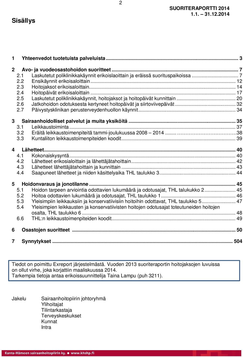 6 Jatkohoidon odotuksesta kertyneet hoitopäivät ja siirtoviivepäivät... 32 2.7 Päivystysklinikan perusterveydenhuollon käynnit... 34 3 Sairaanhoidolliset palvelut ja muita yksiköitä... 35 3.