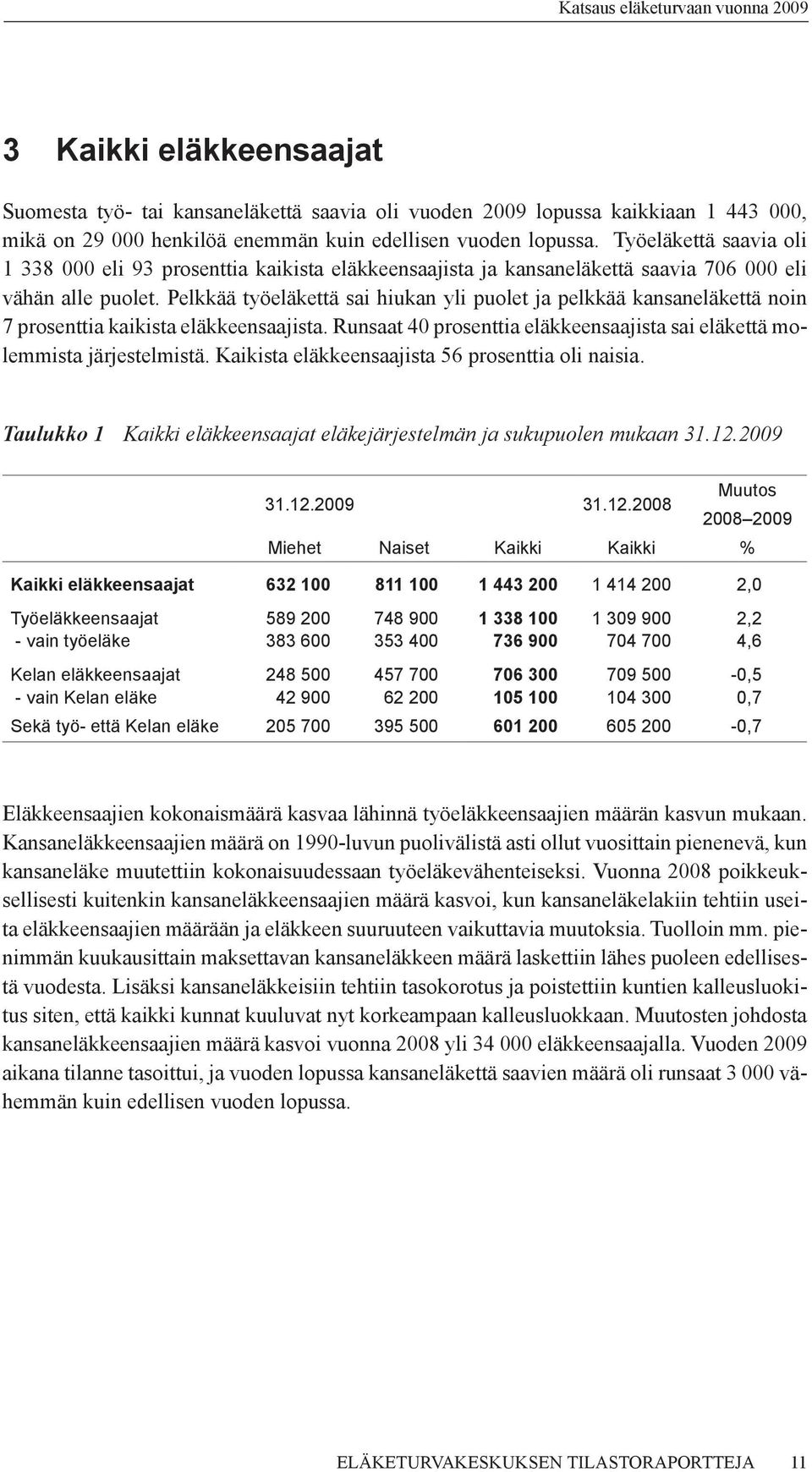 Pelkkää työeläkettä sai hiukan yli puolet ja pelkkää kansaneläkettä noin 7 prosenttia kaikista eläkkeensaajista. Runsaat 40 prosenttia eläkkeensaajista sai eläkettä molemmista järjestelmistä.