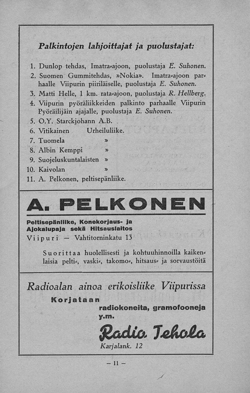 Viipurin pyöräliikkeiden palkinto parhaalle Viipurin Pyöräilijäin ajajalle, puolustaja E. Suhonen. 5. O.Y. Starckjohann A.B. 6. Vitikainen Urheiluliike. 7. Tuomela 8. Albin Kemppi 9.