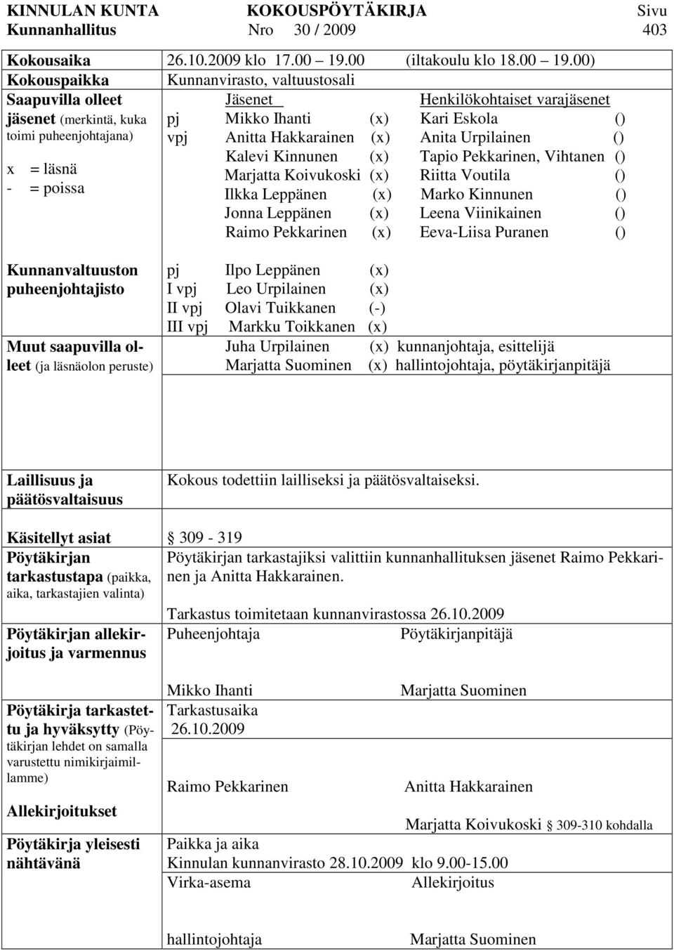 00) Kokouspaikka Kunnanvirasto, valtuustosali Saapuvilla olleet jäsenet (merkintä, kuka toimi puheenjohtajana) Jäsenet Henkilökohtaiset varajäsenet x = läsnä - = poissa pj Mikko Ihanti (x) Kari