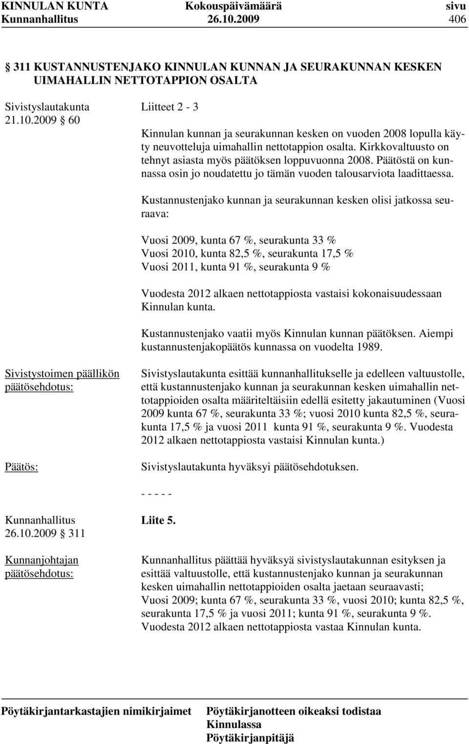Kustannustenjako kunnan ja seurakunnan kesken olisi jatkossa seuraava: Vuosi 2009, kunta 67 %, seurakunta 33 % Vuosi 2010, kunta 82,5 %, seurakunta 17,5 % Vuosi 2011, kunta 91 %, seurakunta 9 %