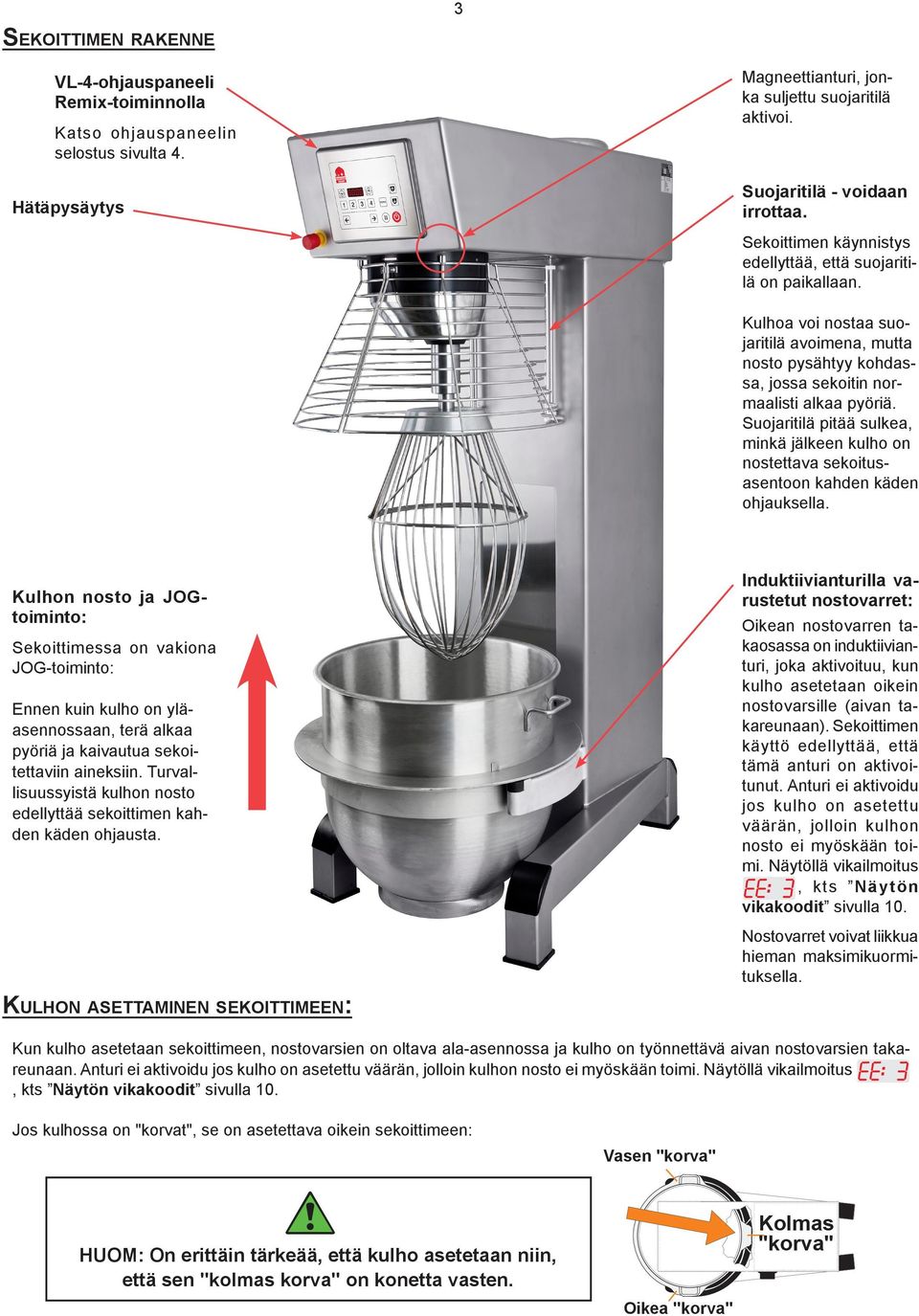 Suojaritilä pitää sulkea, minkä jälkeen kulho on nostettava sekoitusasentoon kahden käden ohjauksella.
