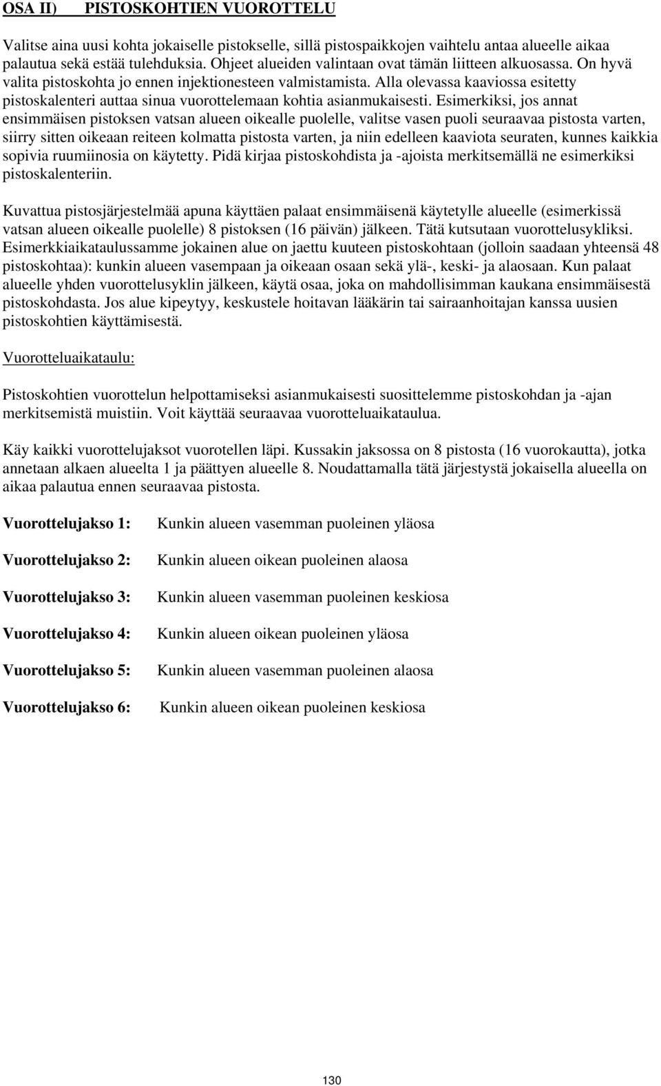 Alla olevassa kaaviossa esitetty pistoskalenteri auttaa sinua vuorottelemaan kohtia asianmukaisesti.