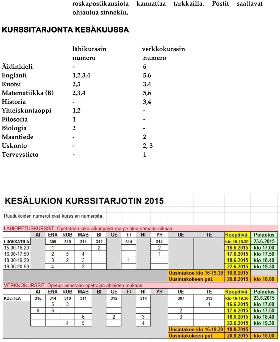 lähikurssin verkkokurssin numero numero Äidinkieli - 6 Englanti 1,2,3,4 5,6 Ruotsi