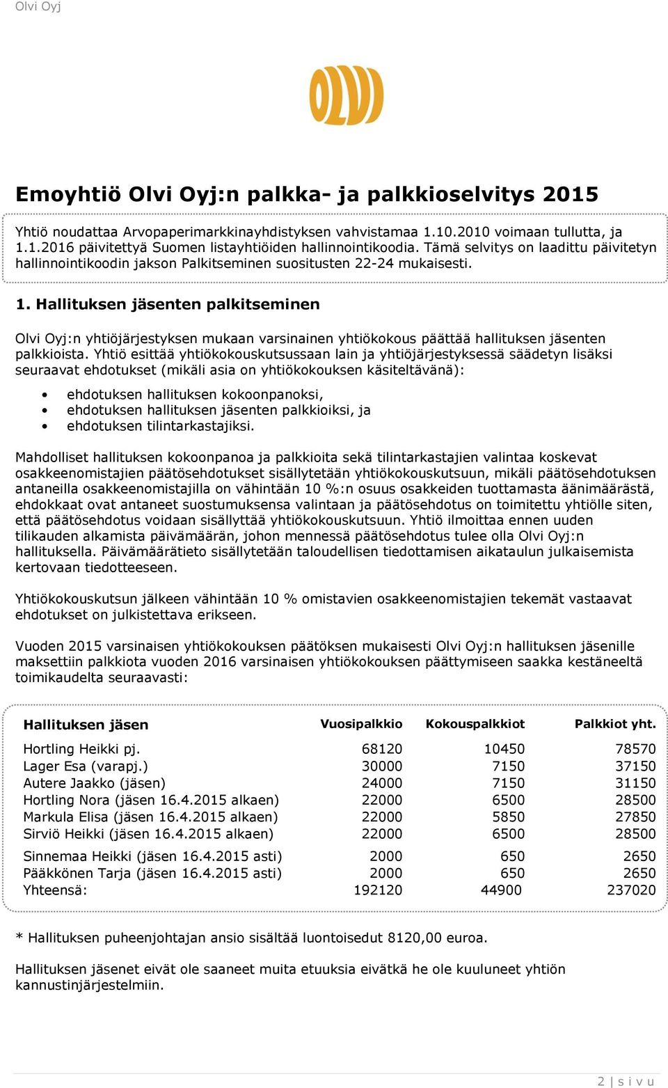 Hallituksen jäsenten palkitseminen Olvi Oyj:n yhtiöjärjestyksen mukaan varsinainen yhtiökokous päättää hallituksen jäsenten palkkioista.