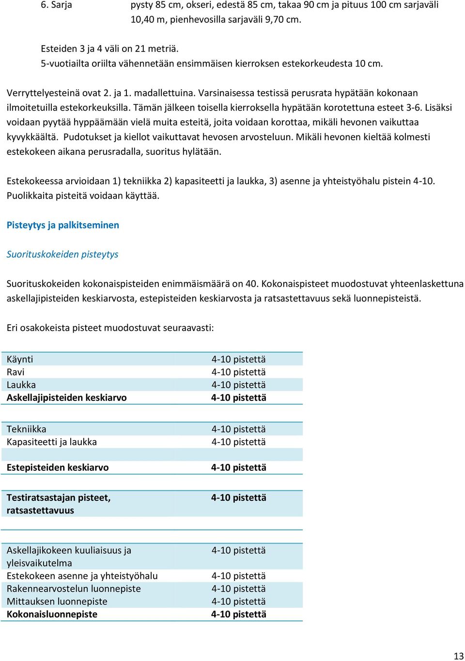 Varsinaisessa testissä perusrata hypätään kokonaan ilmoitetuilla estekorkeuksilla. Tämän jälkeen toisella kierroksella hypätään korotettuna esteet 3-6.