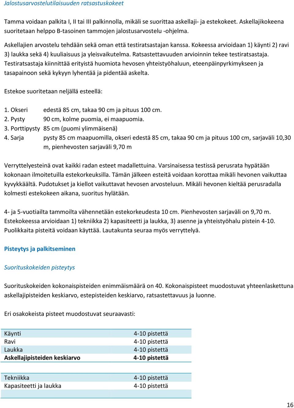 Kokeessa arvioidaan 1) käynti 2) ravi 3) laukka sekä 4) kuuliaisuus ja yleisvaikutelma. Ratsastettavuuden arvioinnin tekee testiratsastaja.