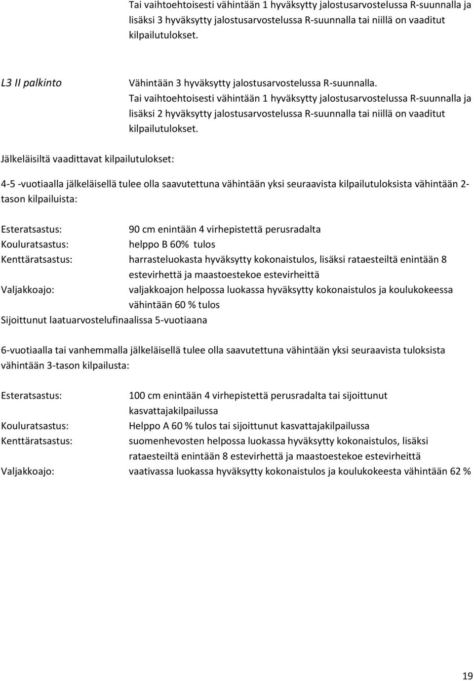 Tai vaihtoehtoisesti vähintään 1 hyväksytty jalostusarvostelussa R-suunnalla ja lisäksi 2 hyväksytty jalostusarvostelussa R-suunnalla tai niillä on vaaditut kilpailutulokset.