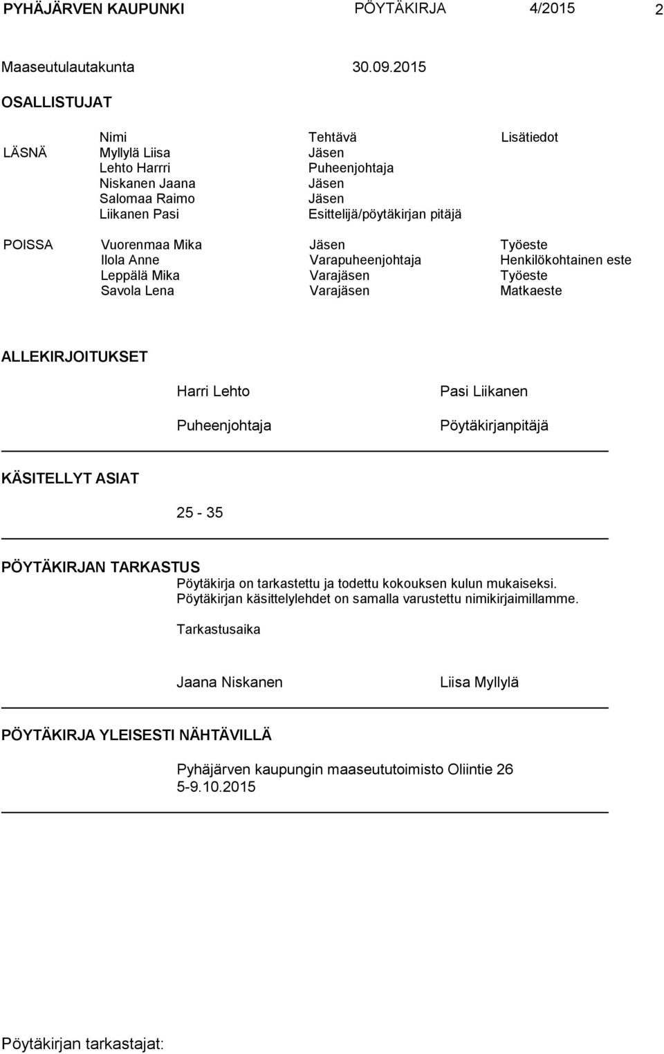 Mika Jäsen Työeste Ilola Anne Varapuheenjohtaja Henkilökohtainen este Leppälä Mika Varajäsen Työeste Savola Lena Varajäsen Matkaeste ALLEKIRJOITUKSET Harri Lehto Puheenjohtaja Pasi Liikanen