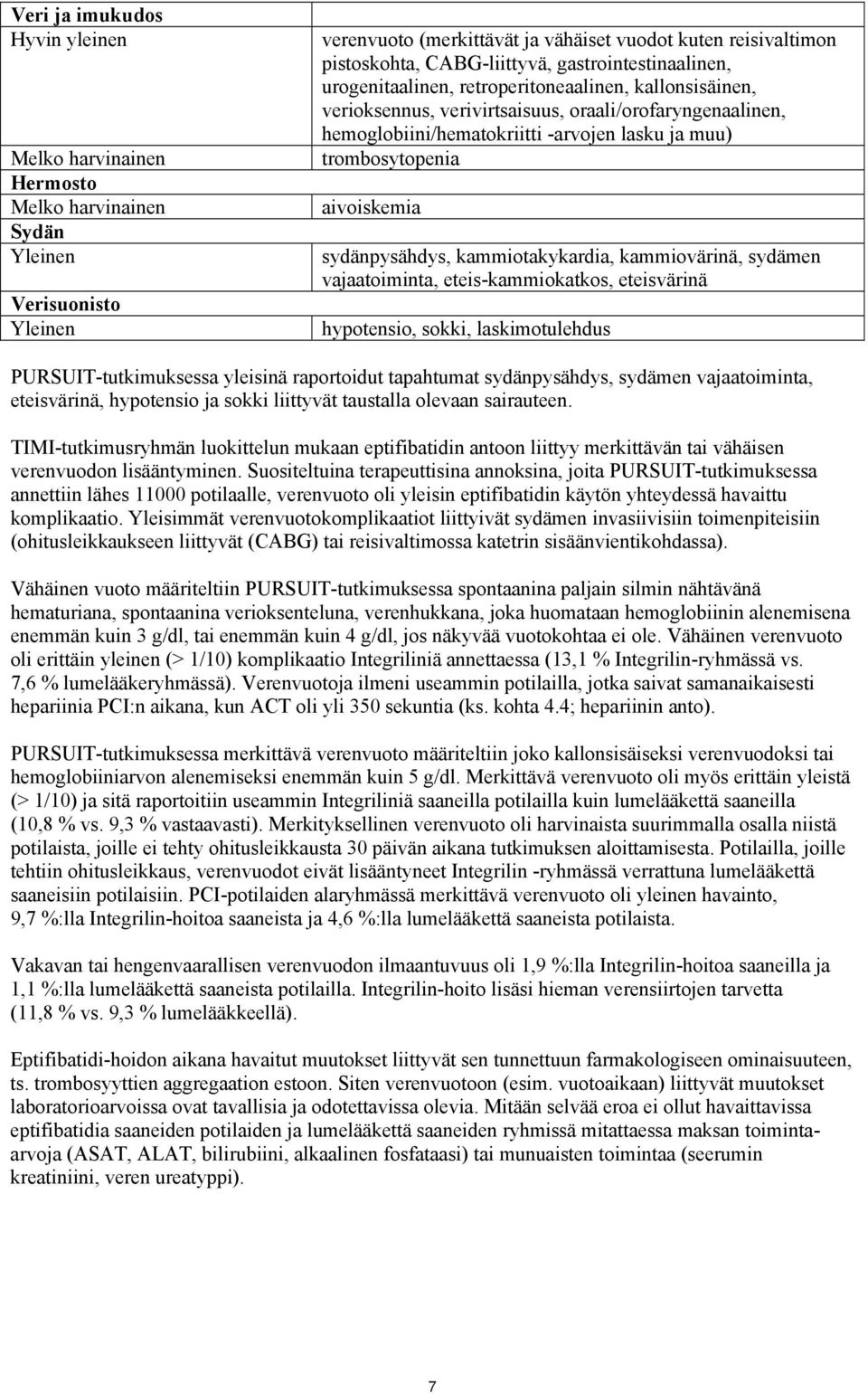 muu) trombosytopenia aivoiskemia sydänpysähdys, kammiotakykardia, kammiovärinä, sydämen vajaatoiminta, eteis-kammiokatkos, eteisvärinä hypotensio, sokki, laskimotulehdus PURSUIT-tutkimuksessa