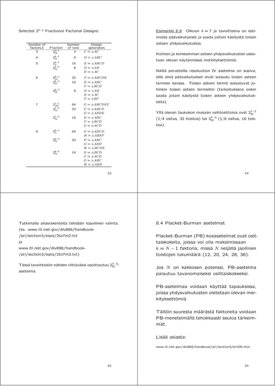 H = ±ABEF 2 8 3 32 F = ±ABC G = ±ABD H = ±BCDE 2 8 4 16 E = ±BCD F = ±ACD G = ±ABC H = ±ABD 53 Esimerkki 8.