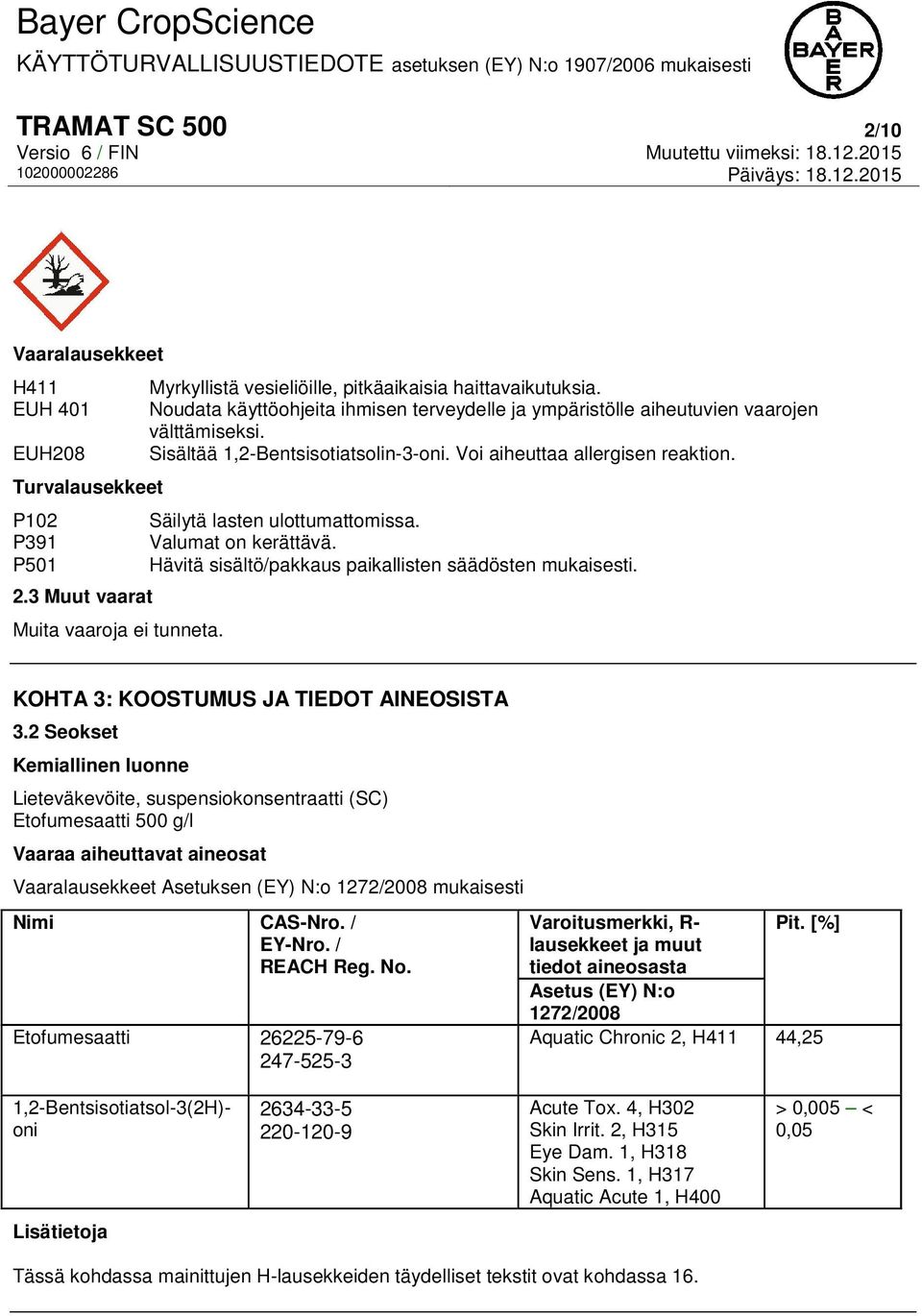 P501 Hävitä sisältö/pakkaus paikallisten säädösten mukaisesti. 2.3 Muut vaarat Muita vaaroja ei tunneta. KOHTA 3: KOOSTUMUS JA TIEDOT AINEOSISTA 3.