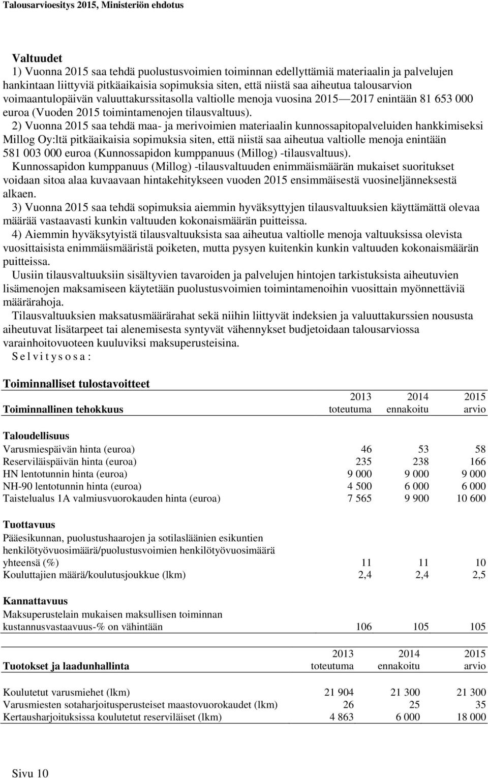 2) Vuonna saa tehdä maa- ja merivoimien materiaalin kunnossapitopalveluiden hankkimiseksi Millog Oy:ltä pitkäaikaisia sopimuksia siten, että niistä saa aiheutua valtiolle menoja enintään 581 003 000