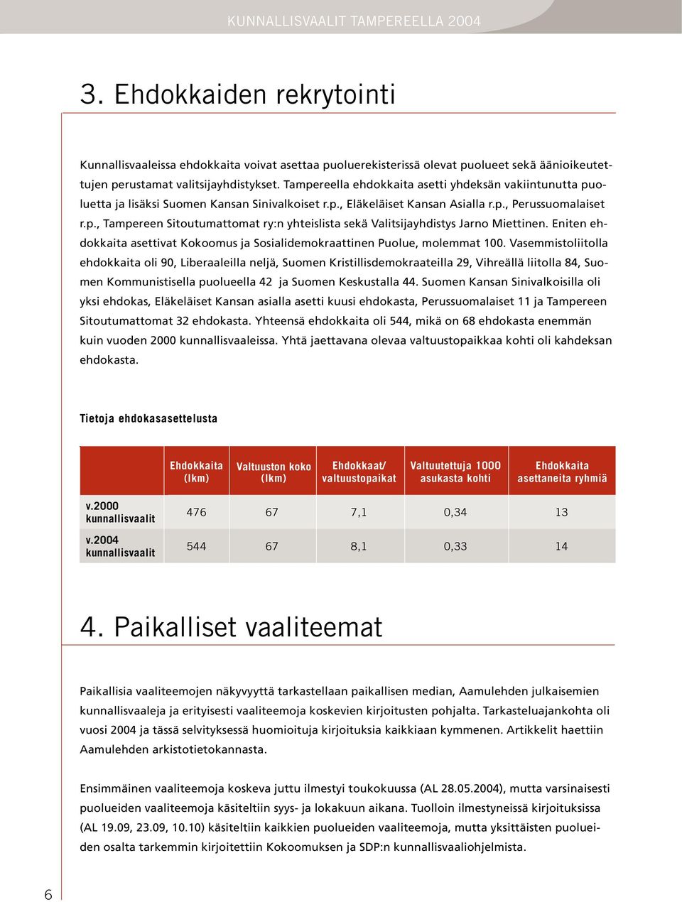 Eniten ehdokkaita asettivat Kokoomus ja Sosialidemokraattinen Puolue, molemmat 100.