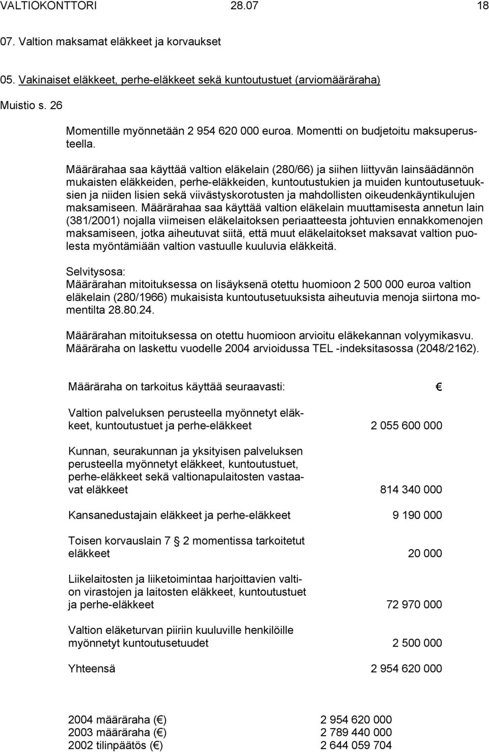 Määrärahaa saa käyttää valtion eläkelain (280/66) ja siihen liittyvän lainsäädännön mukaisten eläkkeiden, perhe-eläkkeiden, kuntoutustukien ja muiden kuntoutusetuuksien ja niiden lisien sekä