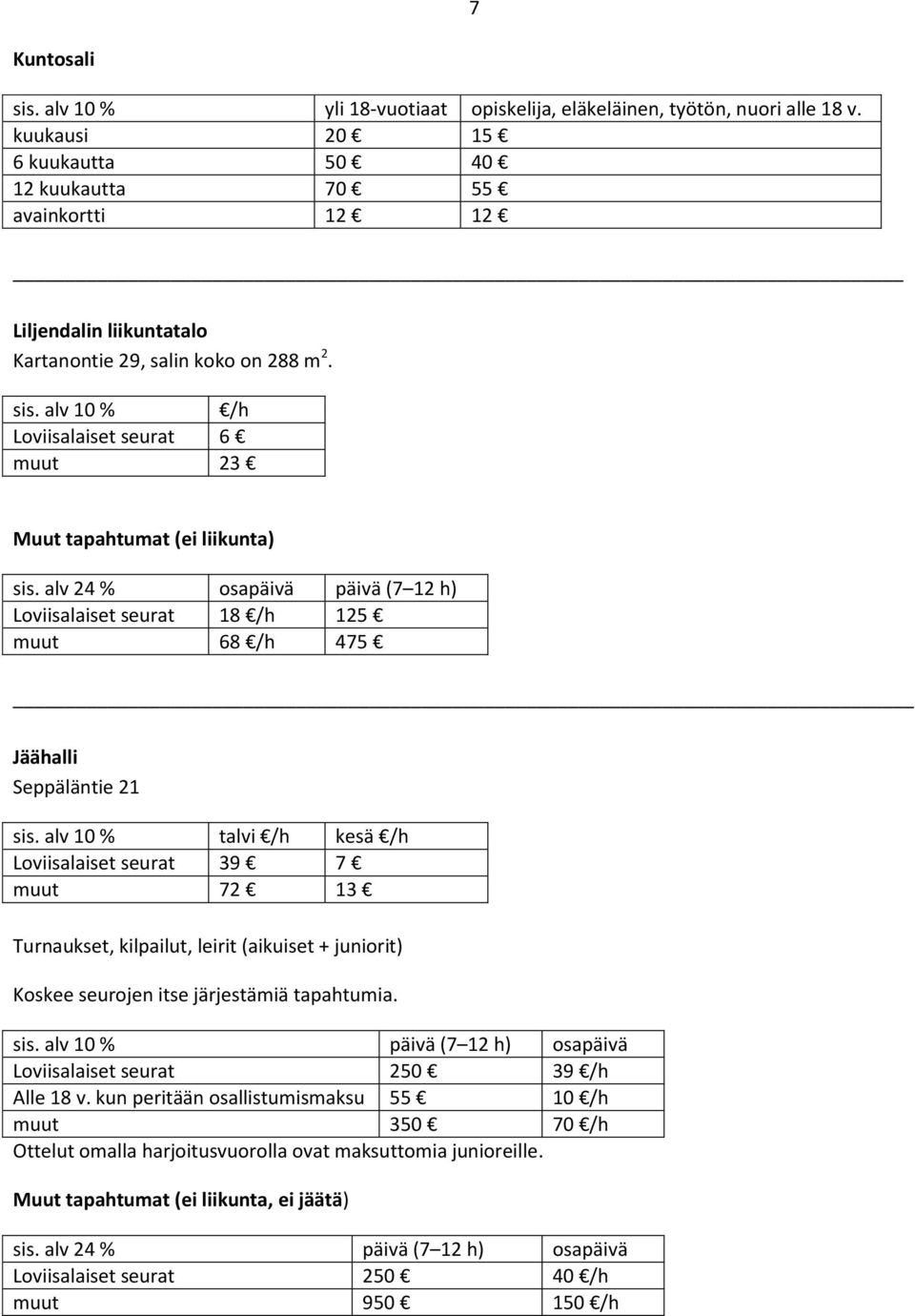 alv 24 % osapäivä päivä (7 12 h) Loviisalaiset seurat 18 125 muut 68 475 Jäähalli Seppäläntie 21 talvi kesä Loviisalaiset seurat 39 7 muut 72 13 Koskee seurojen itse