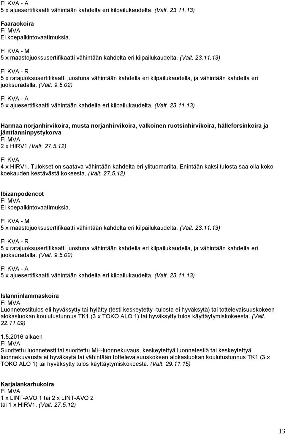 13) - R 5 x ratajuoksusertifikaatti juostuna vähintään kahdella eri kilpailukaudella, ja vähintään kahdelta eri juoksuradalla. (Valt. 9.5.02) 13) Harmaa norjanhirvikoira, musta norjanhirvikoira, valkoinen ruotsinhirvikoira, hälleforsinkoira ja jämtlanninpystykorva 2 x HIRV1 (Valt.