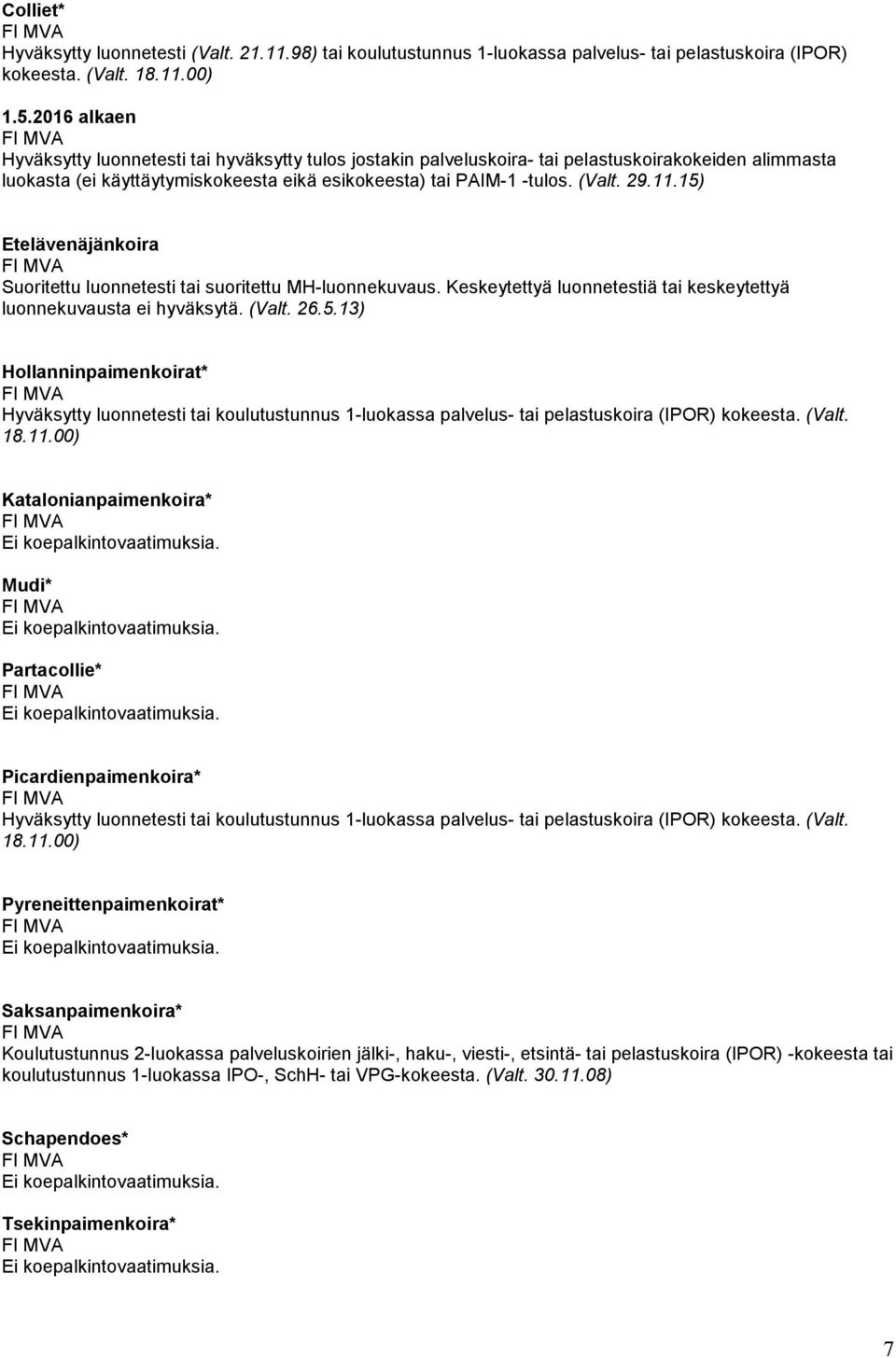 15) Etelävenäjänkoira Suoritettu luonnetesti tai suoritettu MH-luonnekuvaus. Keskeytettyä luonnetestiä tai keskeytettyä luonnekuvausta ei hyväksytä. (Valt. 26.5.13) Hollanninpaimenkoirat* Hyväksytty luonnetesti tai koulutustunnus 1-luokassa palvelus- tai pelastuskoira (IPOR) kokeesta.