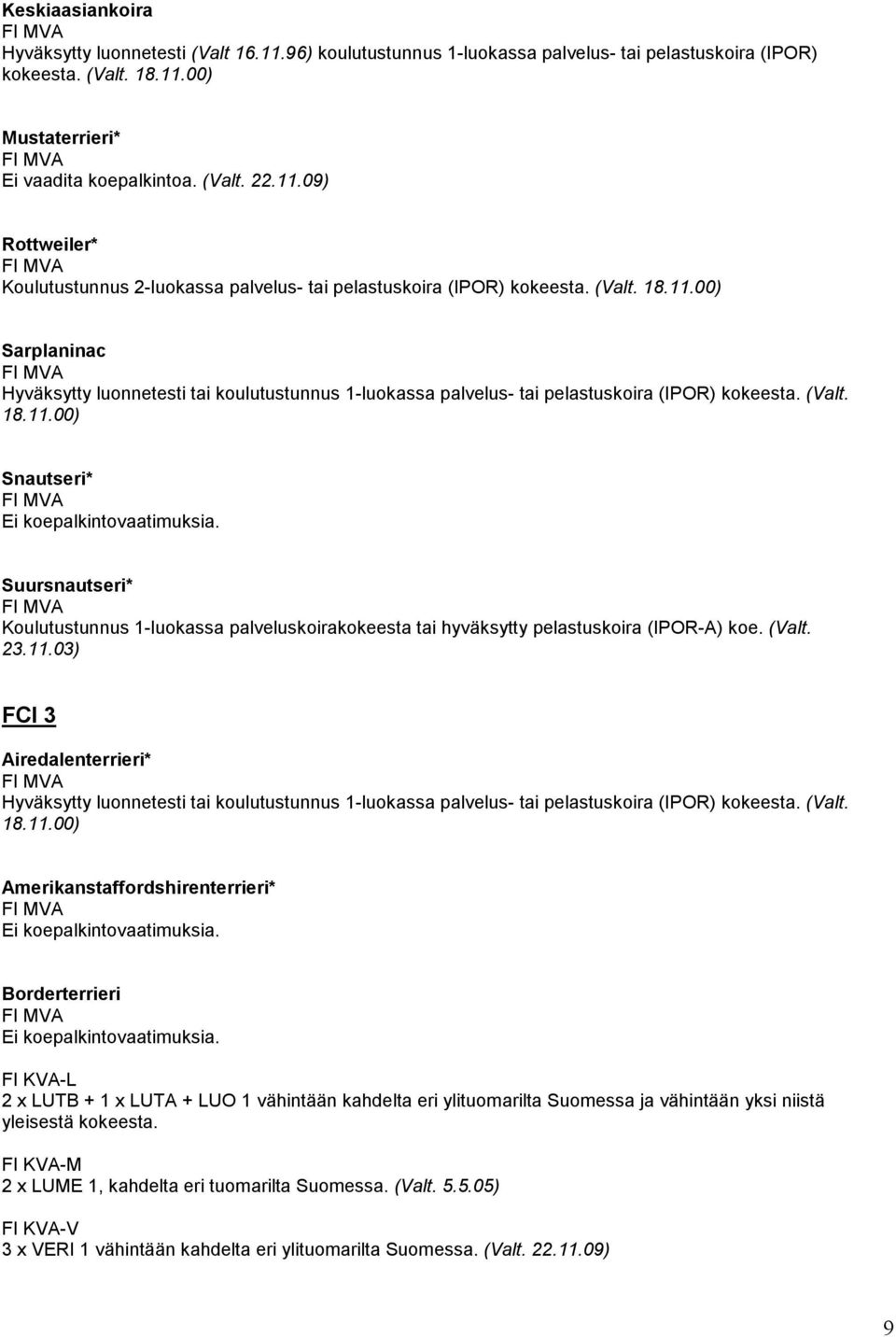 (Valt. 23.11.03) FCI 3 Airedalenterrieri* Hyväksytty luonnetesti tai koulutustunnus 1-luokassa palvelus- tai pelastuskoira (IPOR) kokeesta. (Valt. 18.11.00) Amerikanstaffordshirenterrieri* Borderterrieri -L 2 x LUTB + 1 x LUTA + LUO 1 vähintään kahdelta eri ylituomarilta Suomessa ja vähintään yksi niistä yleisestä kokeesta.