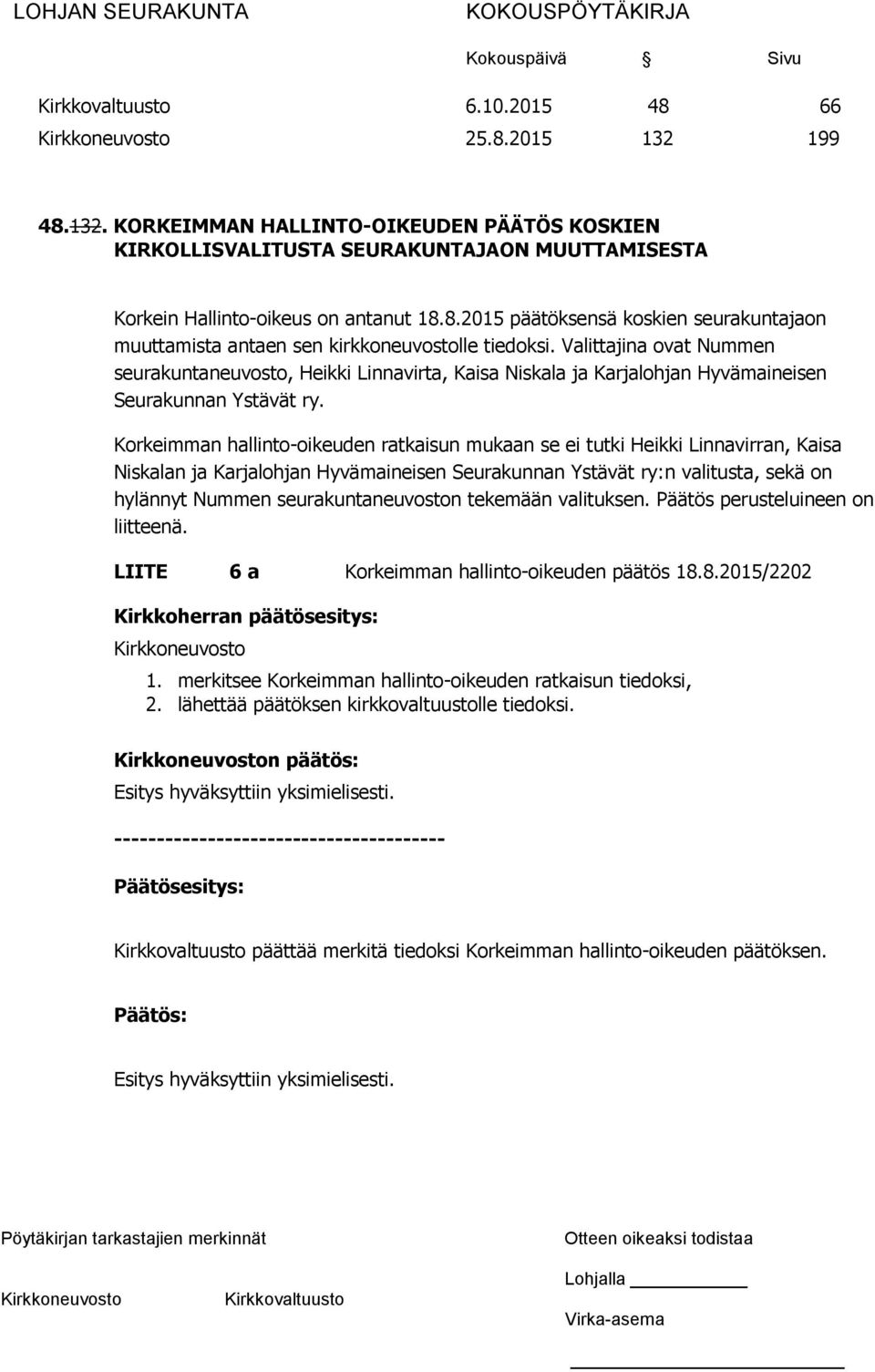 Korkeimman hallinto-oikeuden ratkaisun mukaan se ei tutki Heikki Linnavirran, Kaisa Niskalan ja Karjalohjan Hyvämaineisen Seurakunnan Ystävät ry:n valitusta, sekä on hylännyt Nummen