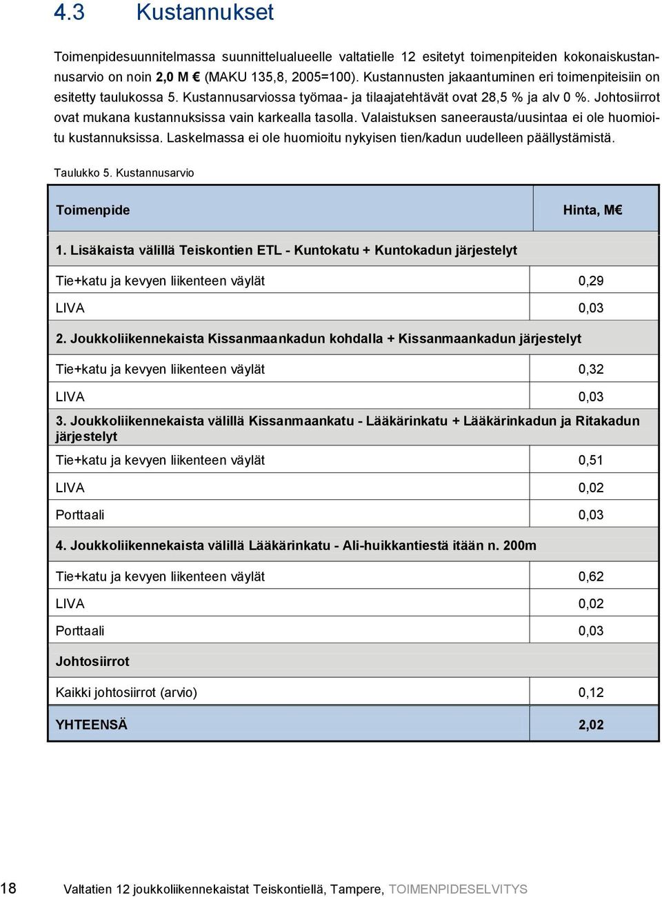 Johtosiirrot ovat mukana kustannuksissa vain karkealla tasolla. Valaistuksen saneerausta/uusintaa ei ole huomioitu kustannuksissa.