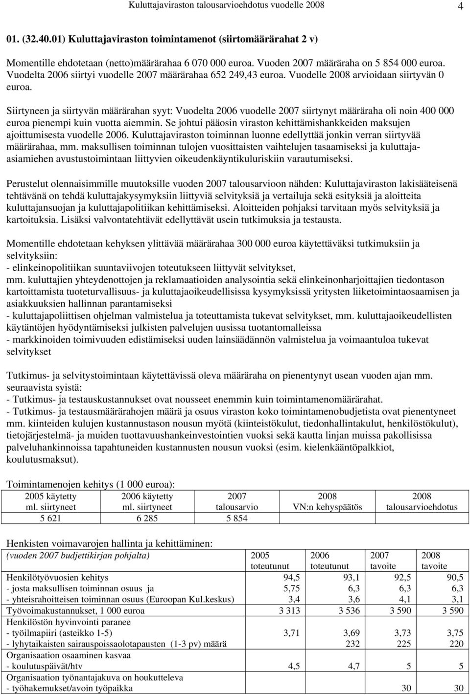 Siirtyneen ja siirtyvän määrärahan syyt: Vuodelta 2006 vuodelle 2007 siirtynyt määräraha oli noin 400 000 euroa pienempi kuin vuotta aiemmin.