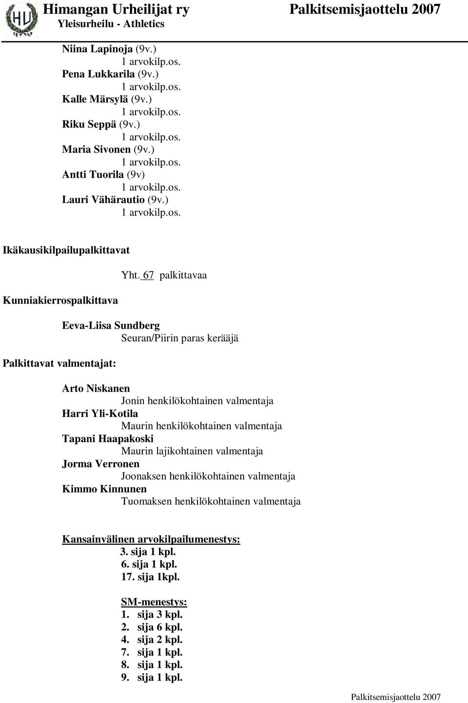 67 palkittavaa Eeva-Liisa Sundberg Seuran/Piirin paras kerääjä Arto Niskanen Jonin henkilökohtainen valmentaja Harri Yli-Kotila Maurin henkilökohtainen valmentaja Tapani Haapakoski