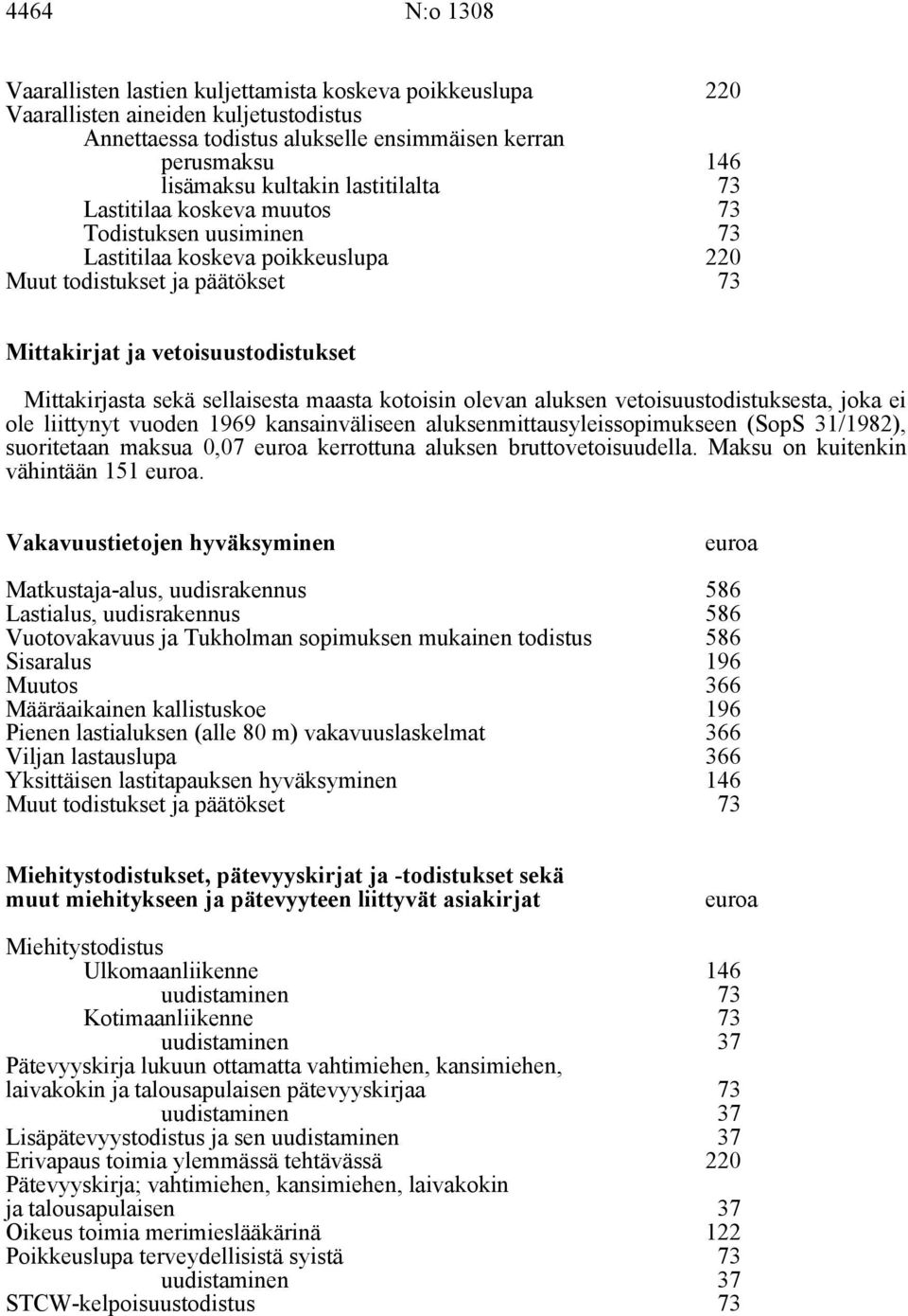 sellaisesta maasta kotoisin olevan aluksen vetoisuustodistuksesta, joka ei ole liittynyt vuoden 1969 kansainväliseen aluksenmittausyleissopimukseen (SopS 31/1982), suoritetaan maksua 0,07 kerrottuna