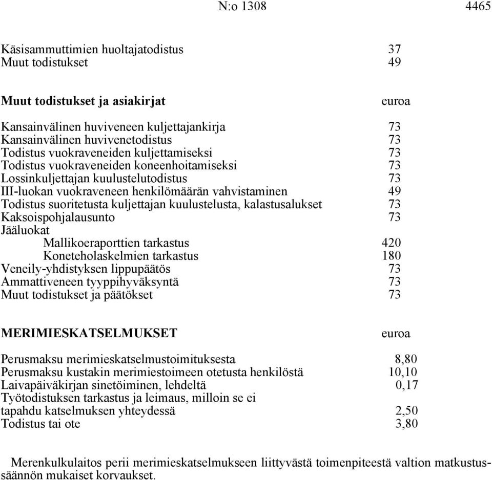 kuljettajan kuulustelusta, kalastusalukset 73 Kaksoispohjalausunto 73 Jääluokat Mallikoeraporttien tarkastus 420 Koneteholaskelmien tarkastus 180 Veneily-yhdistyksen lippupäätös 73 Ammattiveneen