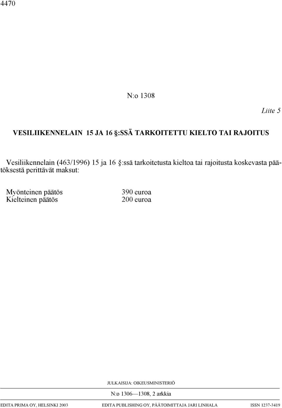 päätöksestä perittävät maksut: Myönteinen päätös Kielteinen päätös 390 200 JULKAISIJA: