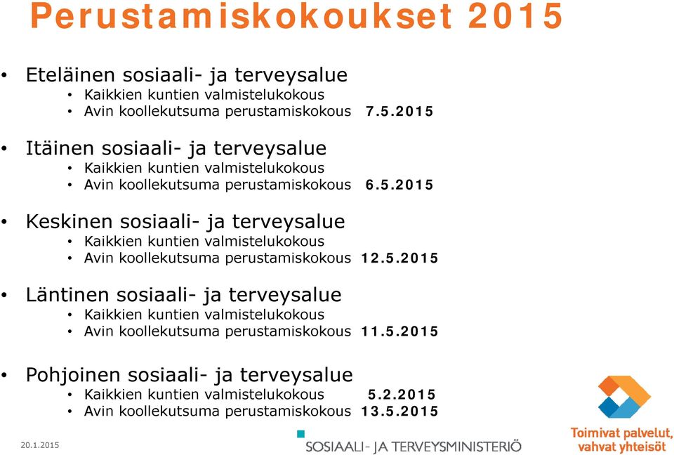 5.2015 Pohjoinen sosiaali- ja terveysalue Kaikkien kuntien valmistelukokous 5.2.2015 Avin koollekutsuma perustamiskokous 13.5.2015
