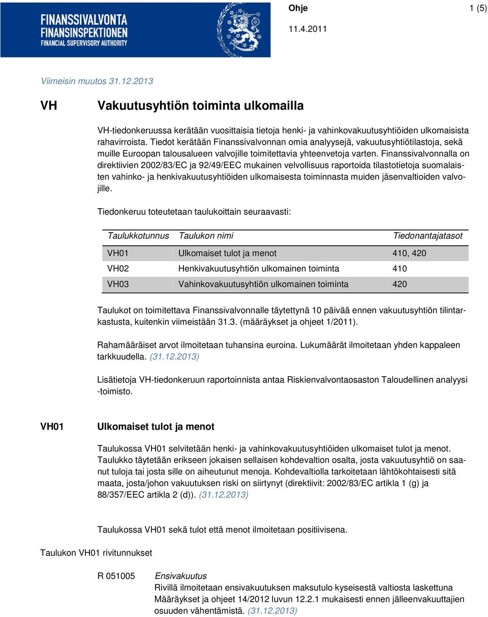 Finanssivalvonnalla on direktiivien 2002/83/EC ja 92/49/EEC mukainen velvollisuus raportoida tilastotietoja suomalaisten vahinko- ja henkivakuutusyhtiöiden ulkomaisesta toiminnasta muiden