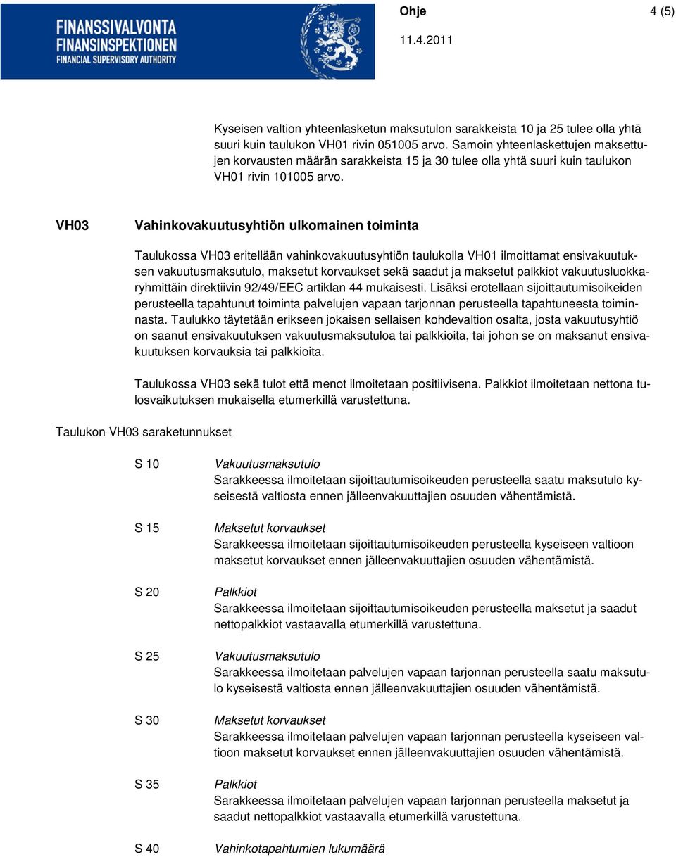 VH03 Vahinkovakuutusyhtiön ulkomainen toiminta Taulukossa VH03 eritellään vahinkovakuutusyhtiön taulukolla VH01 ilmoittamat ensivakuutuksen vakuutusmaksutulo, maksetut korvaukset sekä saadut ja