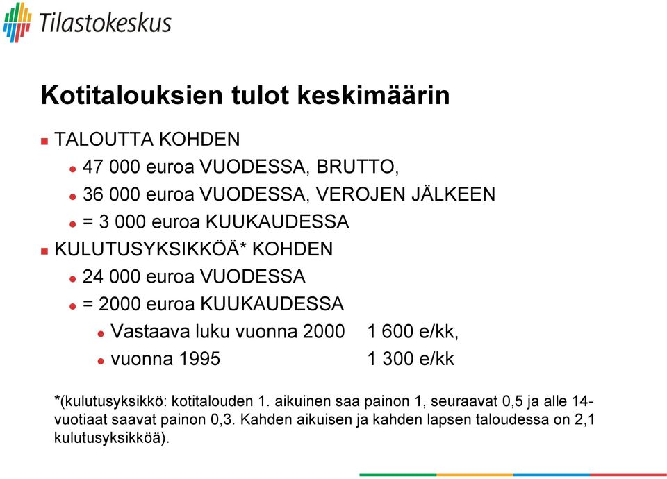 luku vuonna 2000 1 600 e/kk, vuonna 1995 1 300 e/kk *(kulutusyksikkö: kotitalouden 1.
