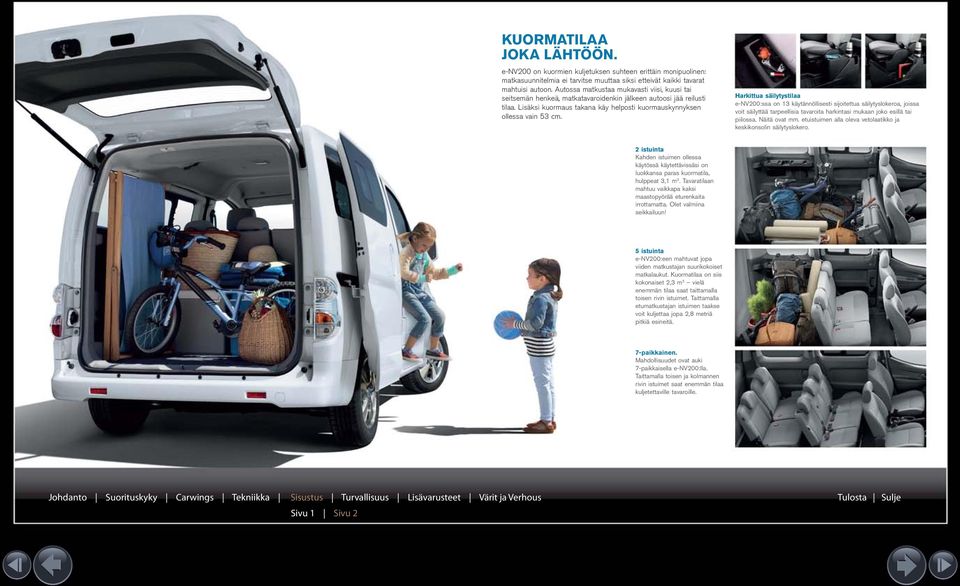 Harkittua säilytystilaa e-nv200:ssa on 13 käytännöllisesti sijoitettua säilytyslokeroa, joissa voit säilyttää tarpeellisia tavaroita harkintasi mukaan joko esillä tai piilossa. Näitä ovat mm.