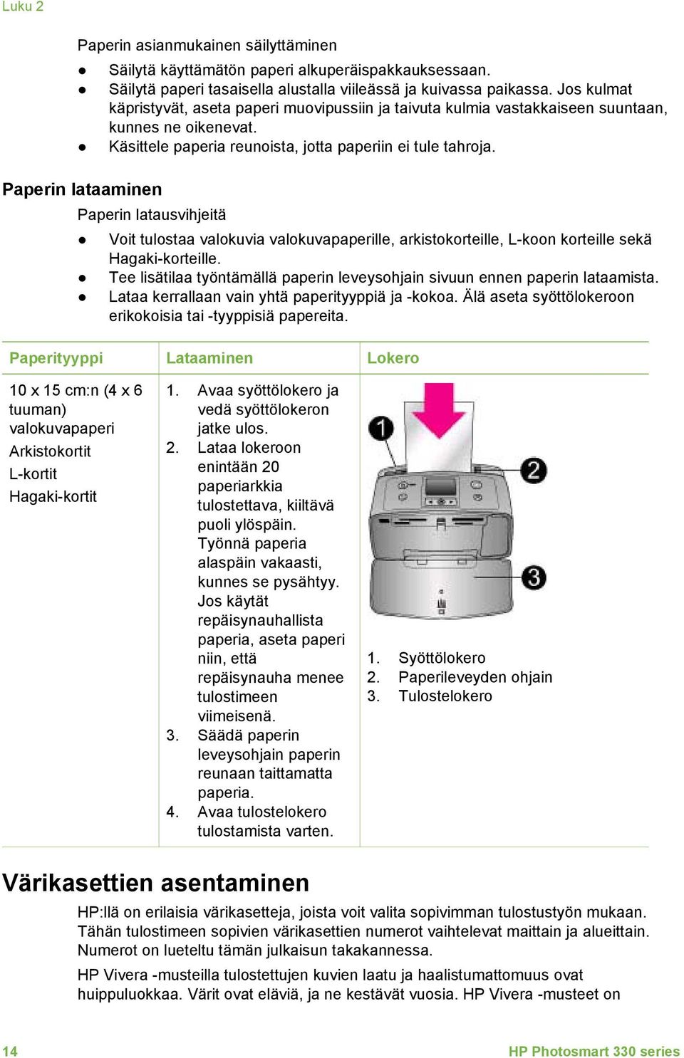 Paperin lataaminen Paperin latausvihjeitä Voit tulostaa valokuvia valokuvapaperille, arkistokorteille, L-koon korteille sekä Hagaki-korteille.