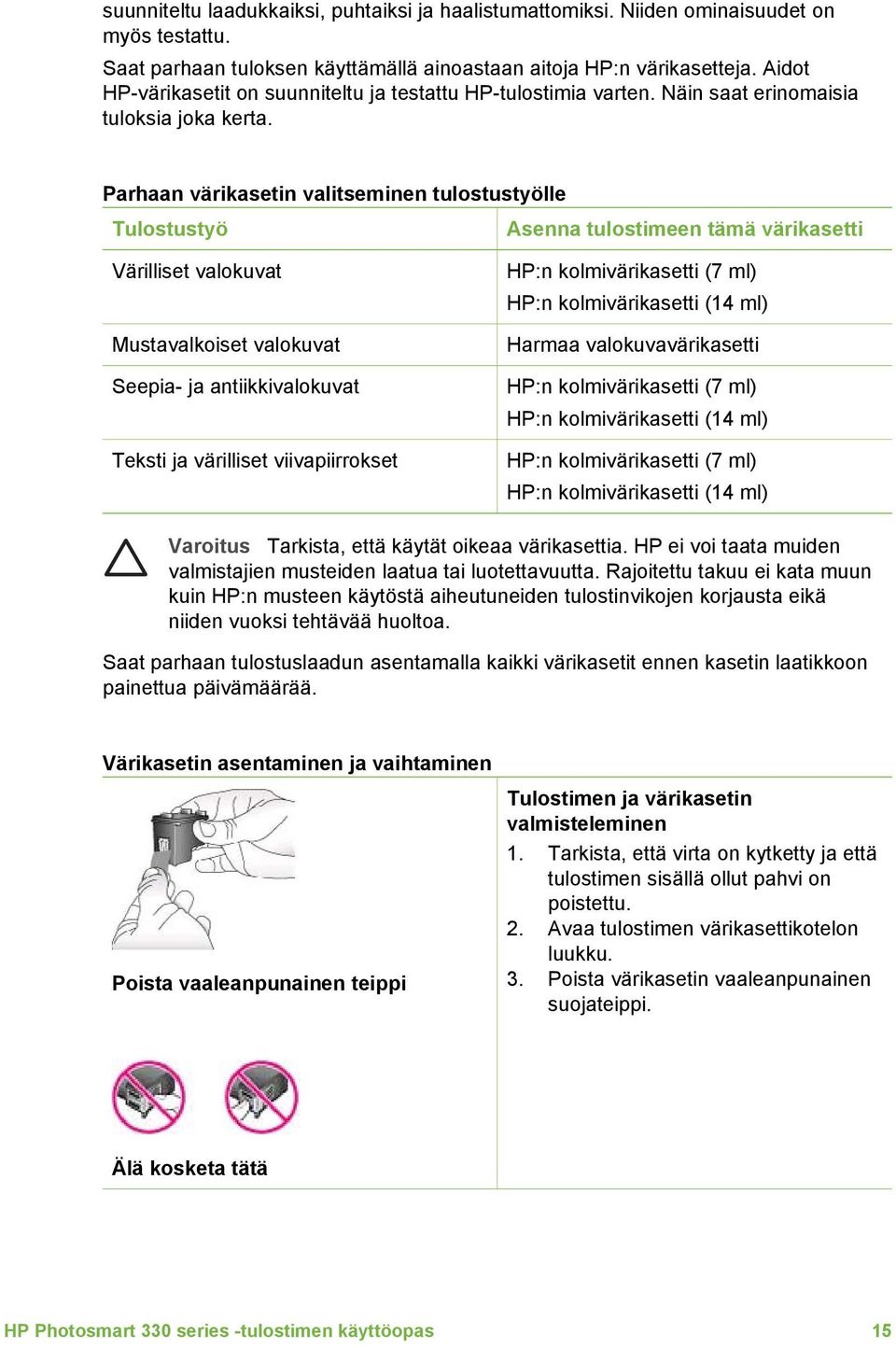 Parhaan värikasetin valitseminen tulostustyölle Tulostustyö Asenna tulostimeen tämä värikasetti Värilliset valokuvat Mustavalkoiset valokuvat Seepia- ja antiikkivalokuvat Teksti ja värilliset