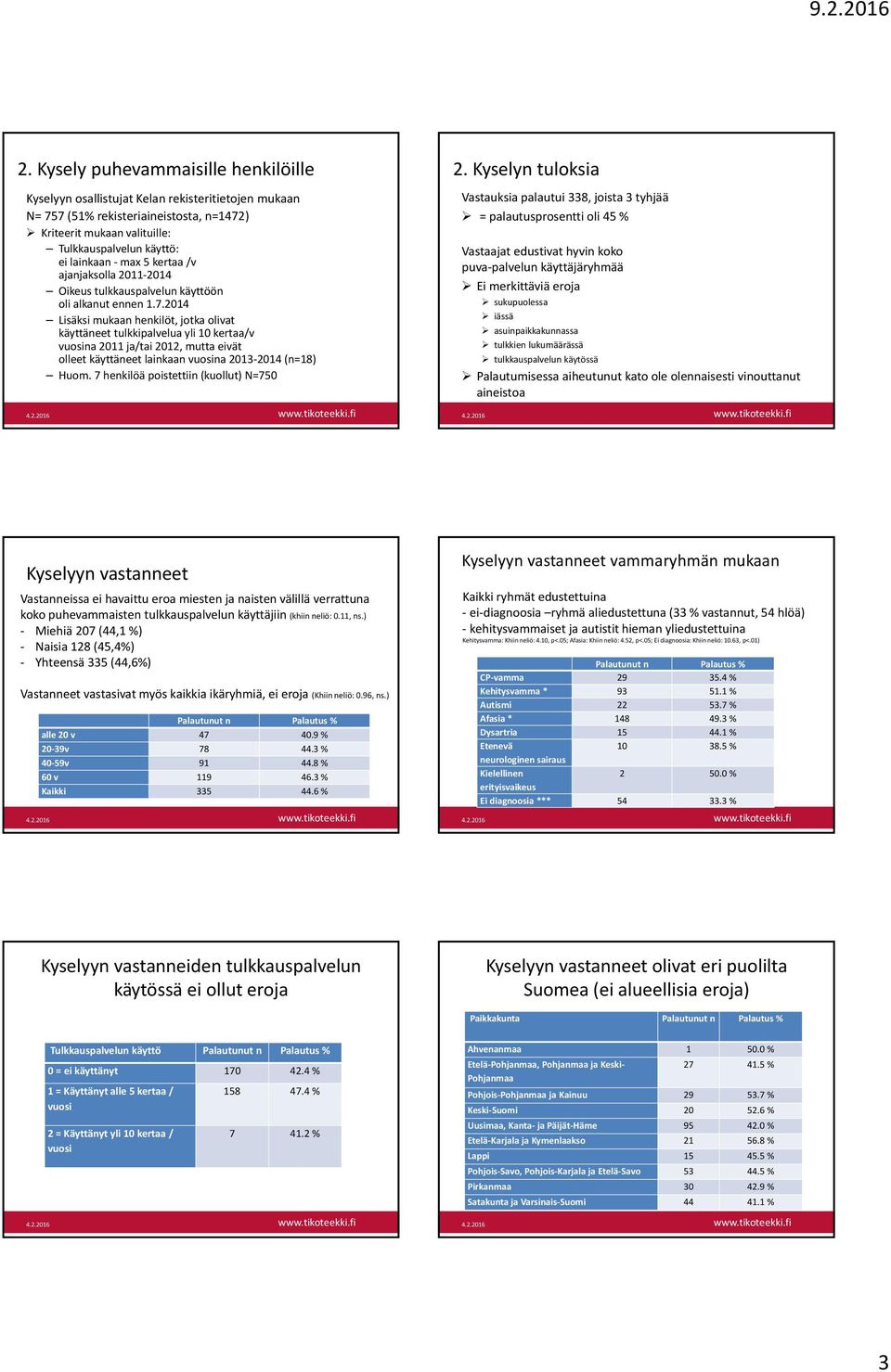 2014 Lisäksi mukaan henkilöt, jotka olivat käyttäneet tulkkipalvelua yli 10 kertaa/v vuosina 2011 ja/tai 2012, mutta eivät olleet käyttäneet lainkaan vuosina 2013 2014 (n=18) Huom.