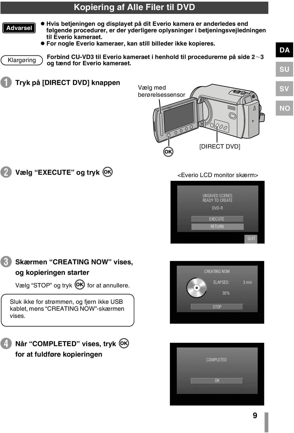 A Tryk på [DIRECT DVD] knappen Vælg med berørelsessensor DA SU SV NO [DIRECT DVD] B Vælg EXECUTE og tryk <Everio LCD monitor skærm> UNSAVED SCENES READY TO CREATE DVD-R EXECUTE RETURN QUIT C Skærmen