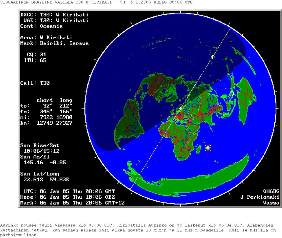 Kiribatilla Aurinko on jo laskenut klo 06:34 UTC.